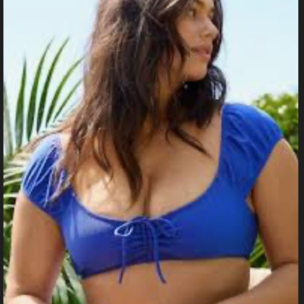 NWT Aerie Blue Shine Ribbed Crop Top with Puff Sleeves Bikini Top Size L